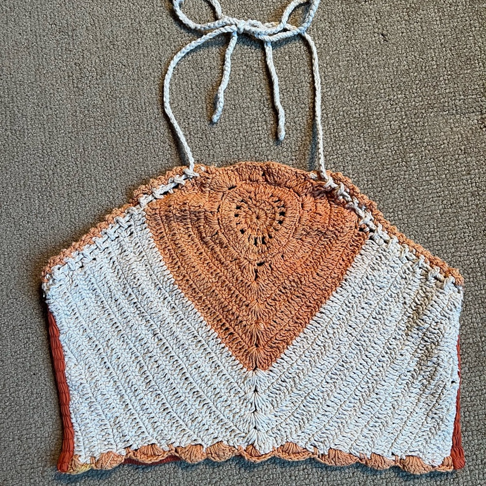 Handcrafted Crochet Halter Top - Cream and Tan